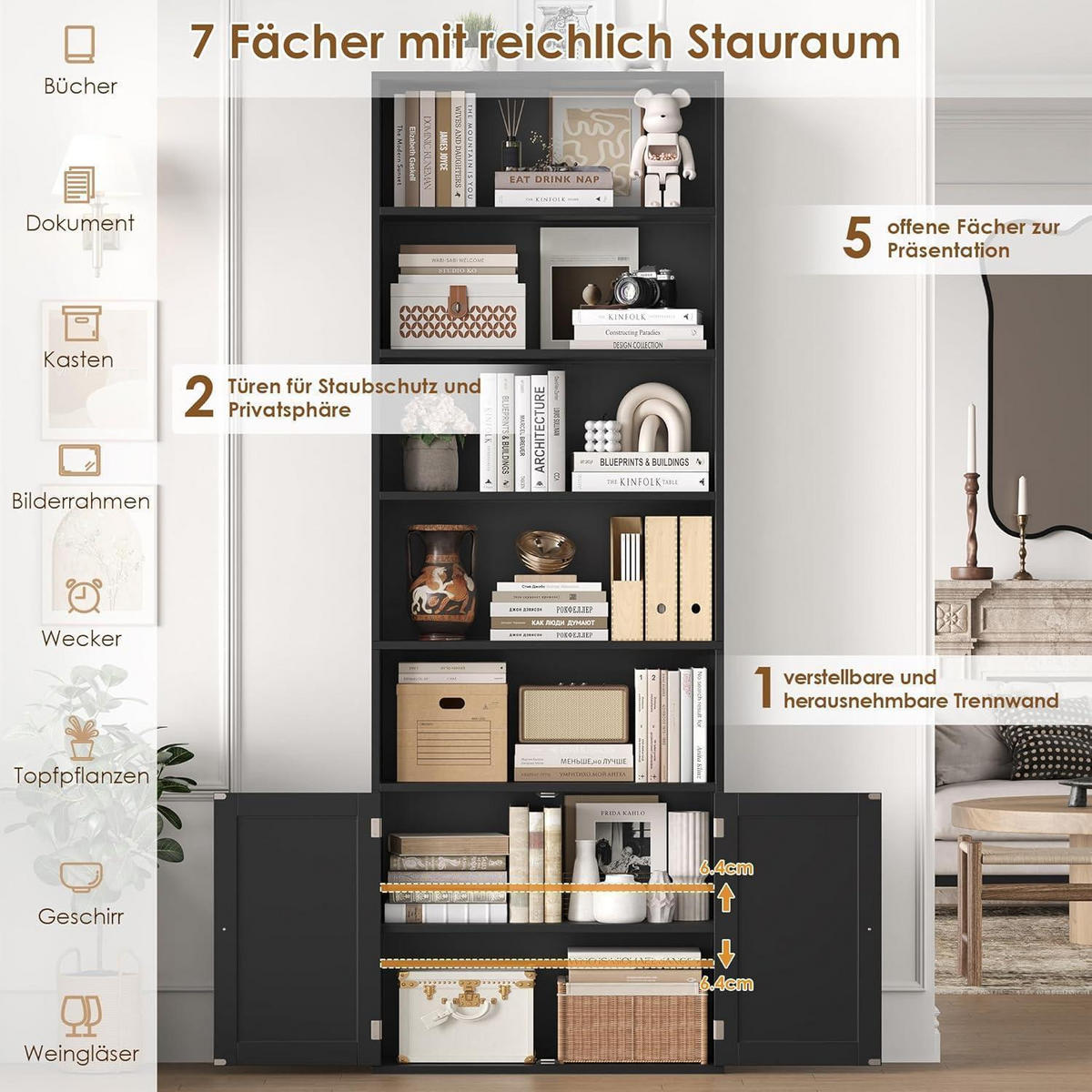 BÜCHERREGAL mit Türen schwarz 60 x 23,5 x 209 cm - Schwarz, Holzwerkstoff (60/209/23.5cm)