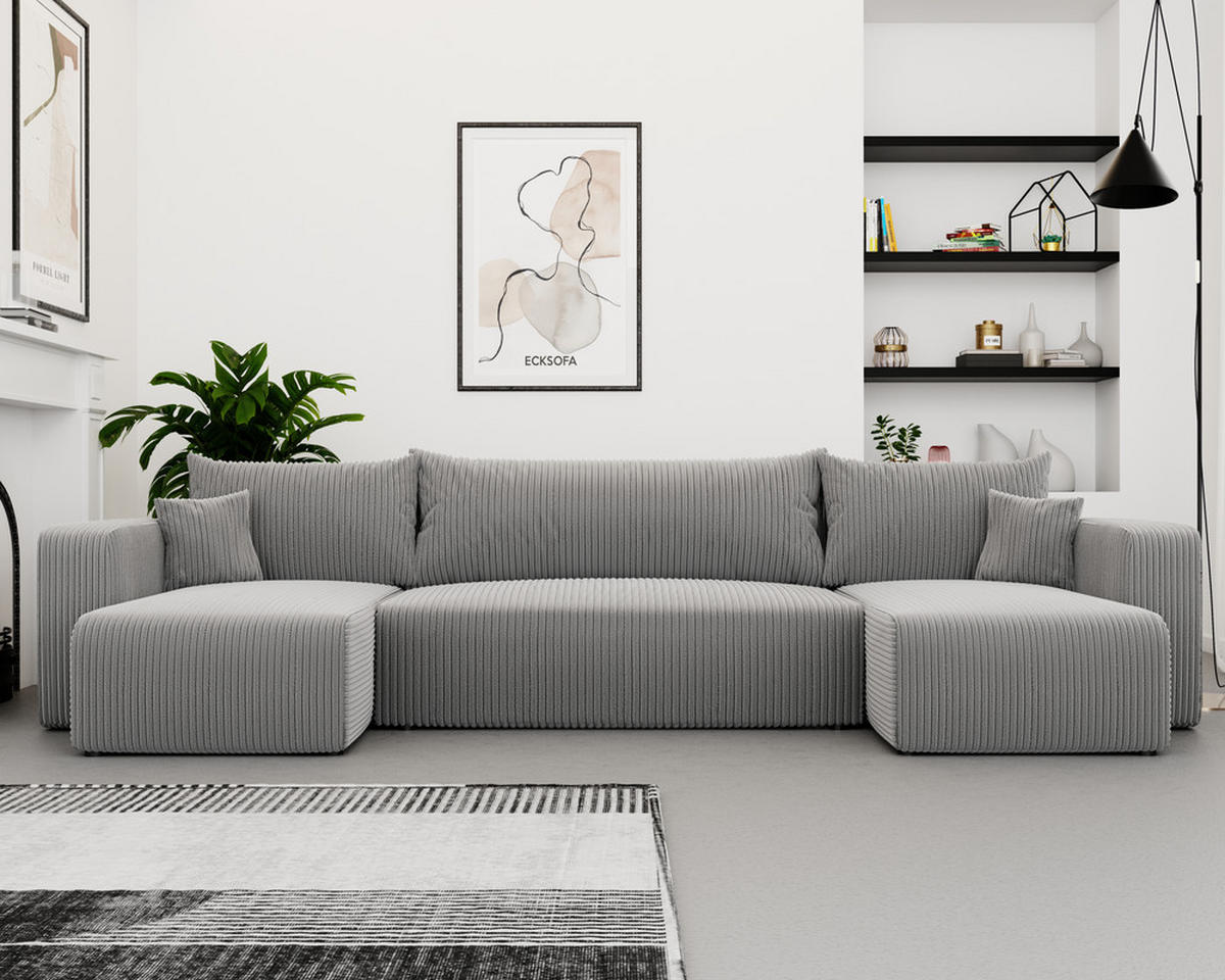 WOHNLANDSCHAFT mit Schlaffunktion und Bettkasten, Grau - Hellgrau/Schwarz, Kunststoff/Textil (318/79/145cm) - Idohome