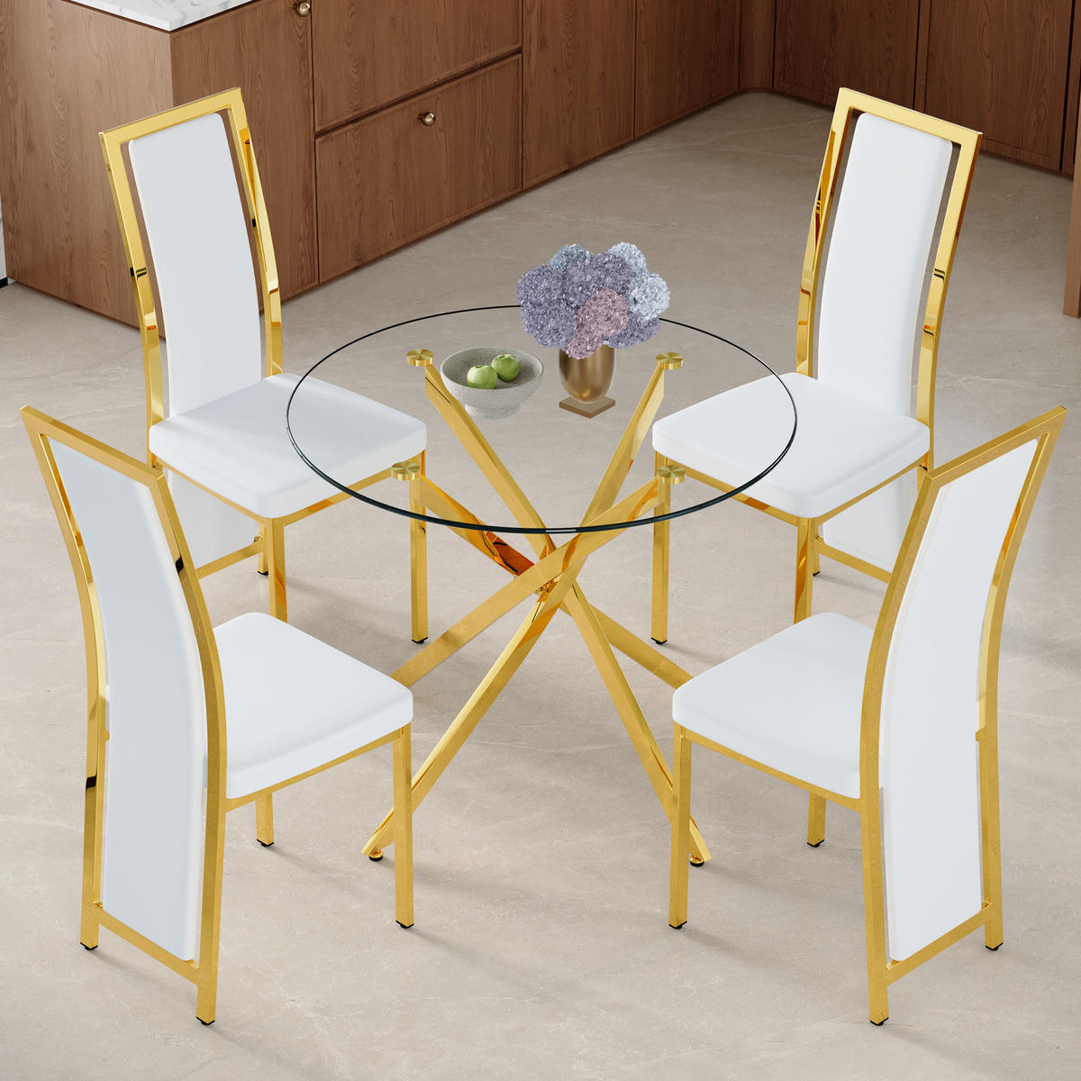 ESSGRUPPE DE-39460 5-teilig, Glastisch und 4 Stühlen mit Goldkante Weiß - Goldfarben/Weiß, Metall (88/75/88cm) - ComfortXL