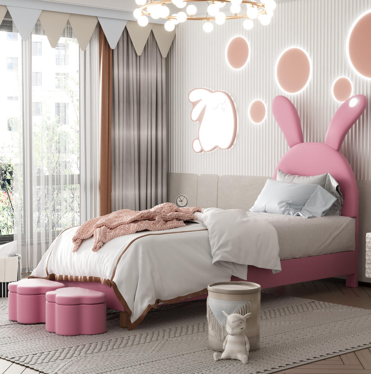 POLSTERBETT aus Samt 90x200 cm in Rosa mit LED & Stauraumbänken - Rosa, Textil (90/200cm) - Modfu