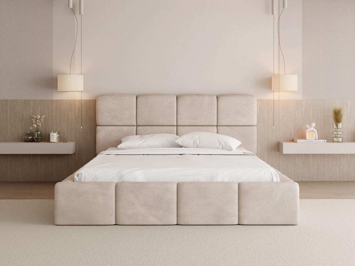 POLSTERBETT Tivio mit Bettkasten, Beige Samt 200x200 cm - Ecru/Beige, Holz/Holzwerkstoff (200/200cm) - WFL GROUP