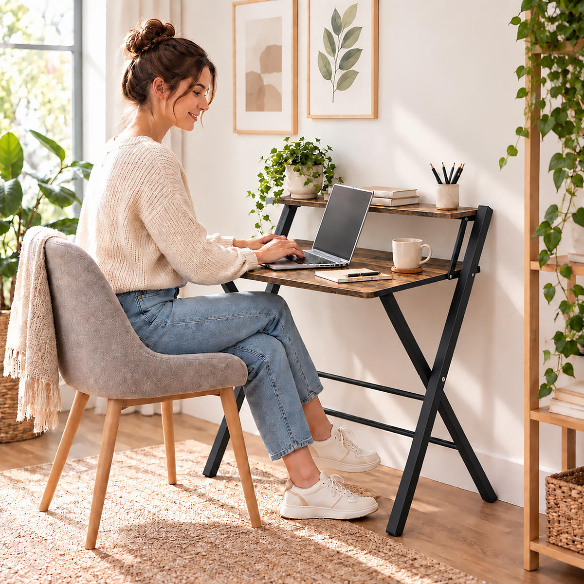 SKRIVBORD Brun Svart fällbart med monitorhylla MDF metall - Multicolor, Träbaserade material/Metall (56/70/82cm) - Relaxdays