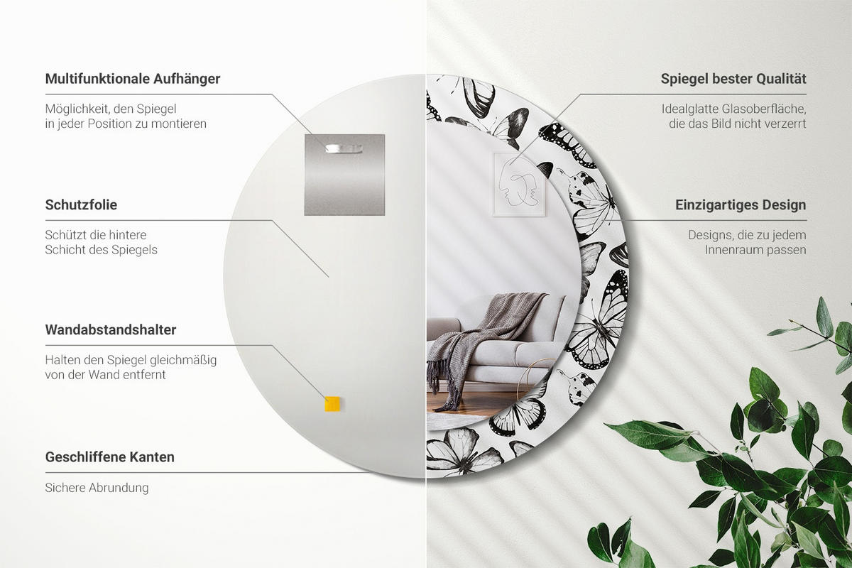 SPIEGEL Rund Ø 60 cm mit Aufdruck - Schwarz, Glas (60/60/0.4cm) - Wallfluent