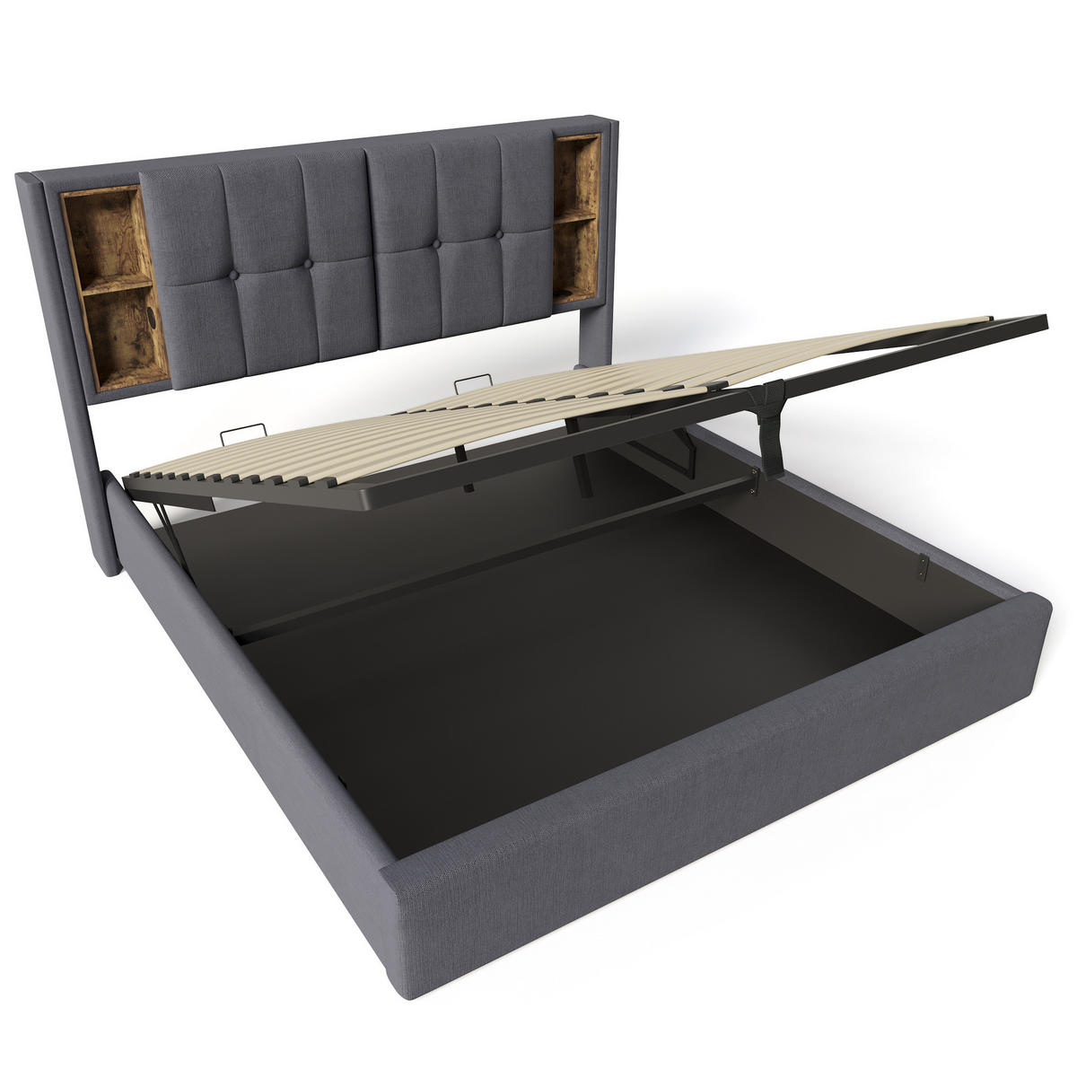 POLSTERBETT 140/200 cm mit kabellosem Laden, USB, Matratze, USB-C und Bettkasten, Baumwolle, Grau - Grau, Textil (140/200cm) - Redom