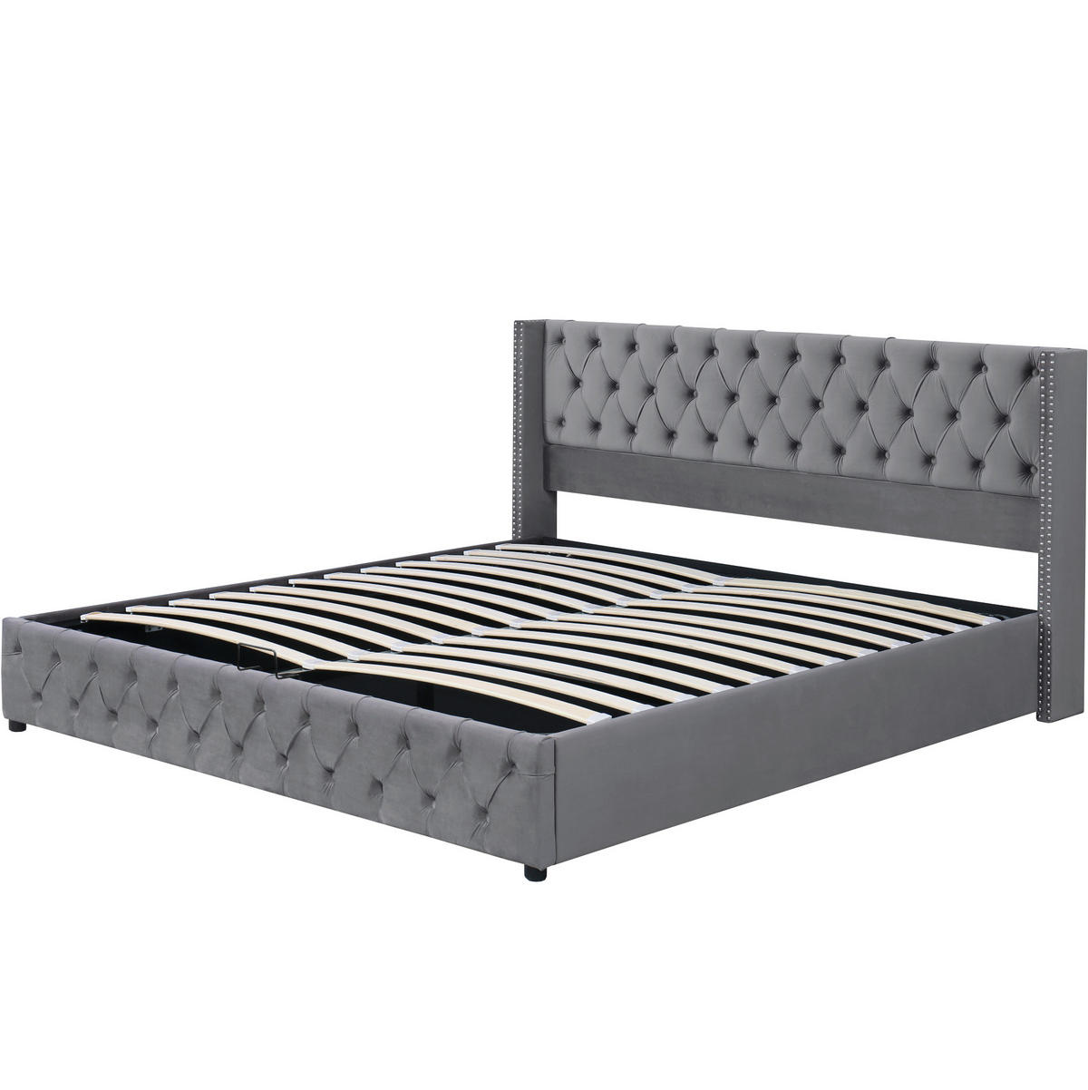 POLSTERBETT 160/200 cm grau mit hydraulischem Bettkasten und Chesterfield-Design - Grau, Textil (160/200cm) - OKWISH