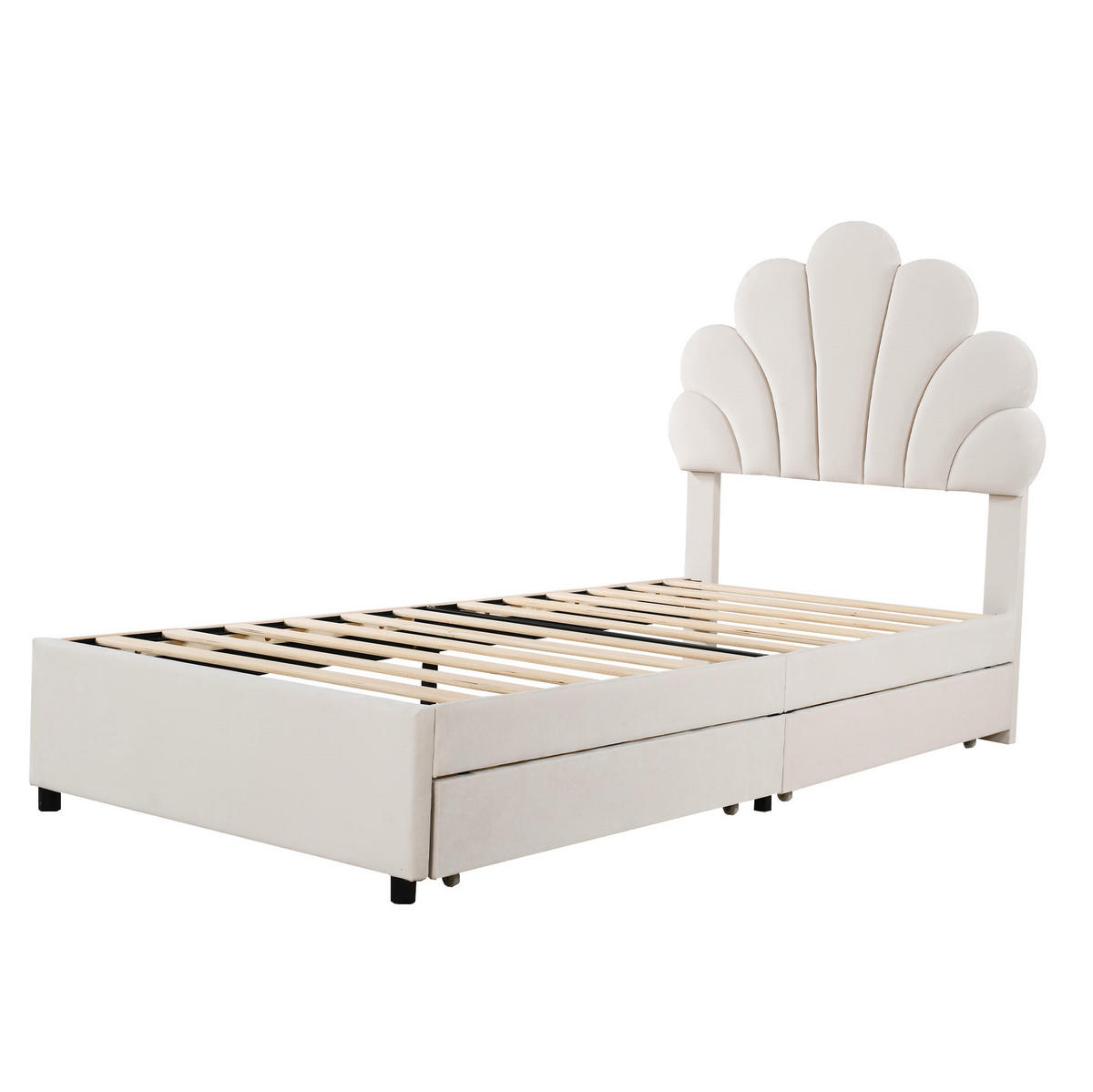 KINDERBETT 90/200 cm aus Samt mit 2 Schubladen und blütenförmigem Kopfteil Beige - Beige, Textil (90/200cm) - Modenvie