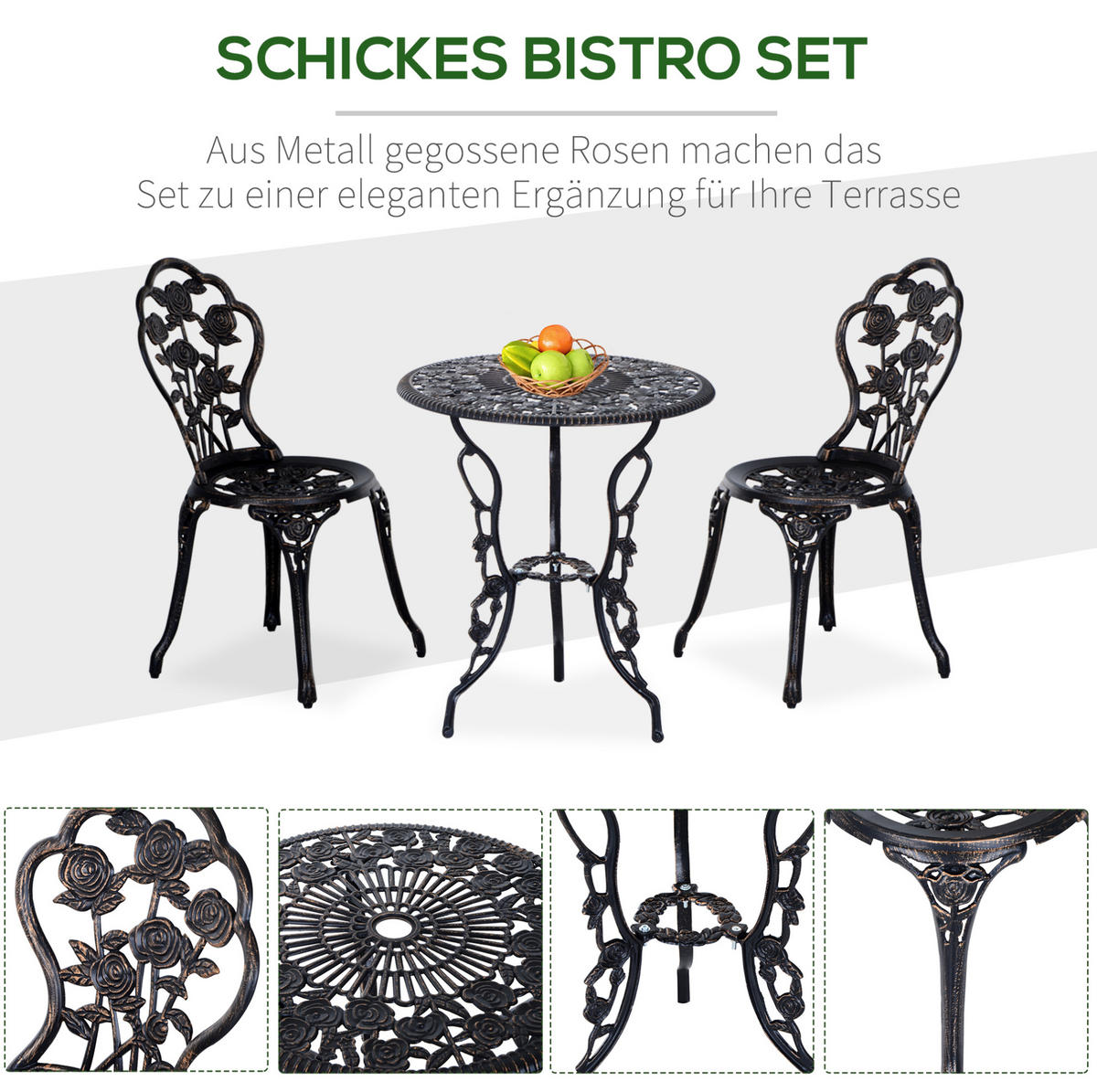 BISTROSET 60/60/67 cm, 3-teilig mit Schirmöffnung und Gussrosenmuster, Metall, Bronze - Bronzefarben, Metall - Redom