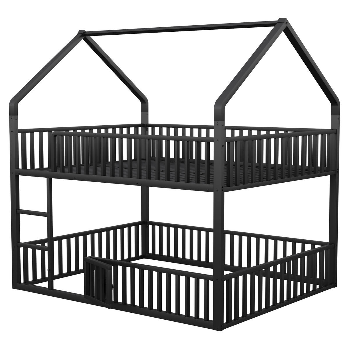 ETAGENBETT 140/200 cm schwarz mit Hausdesign und Sicherheitsgeländern - Schwarz, Metall (140/200cm) - OKWISH