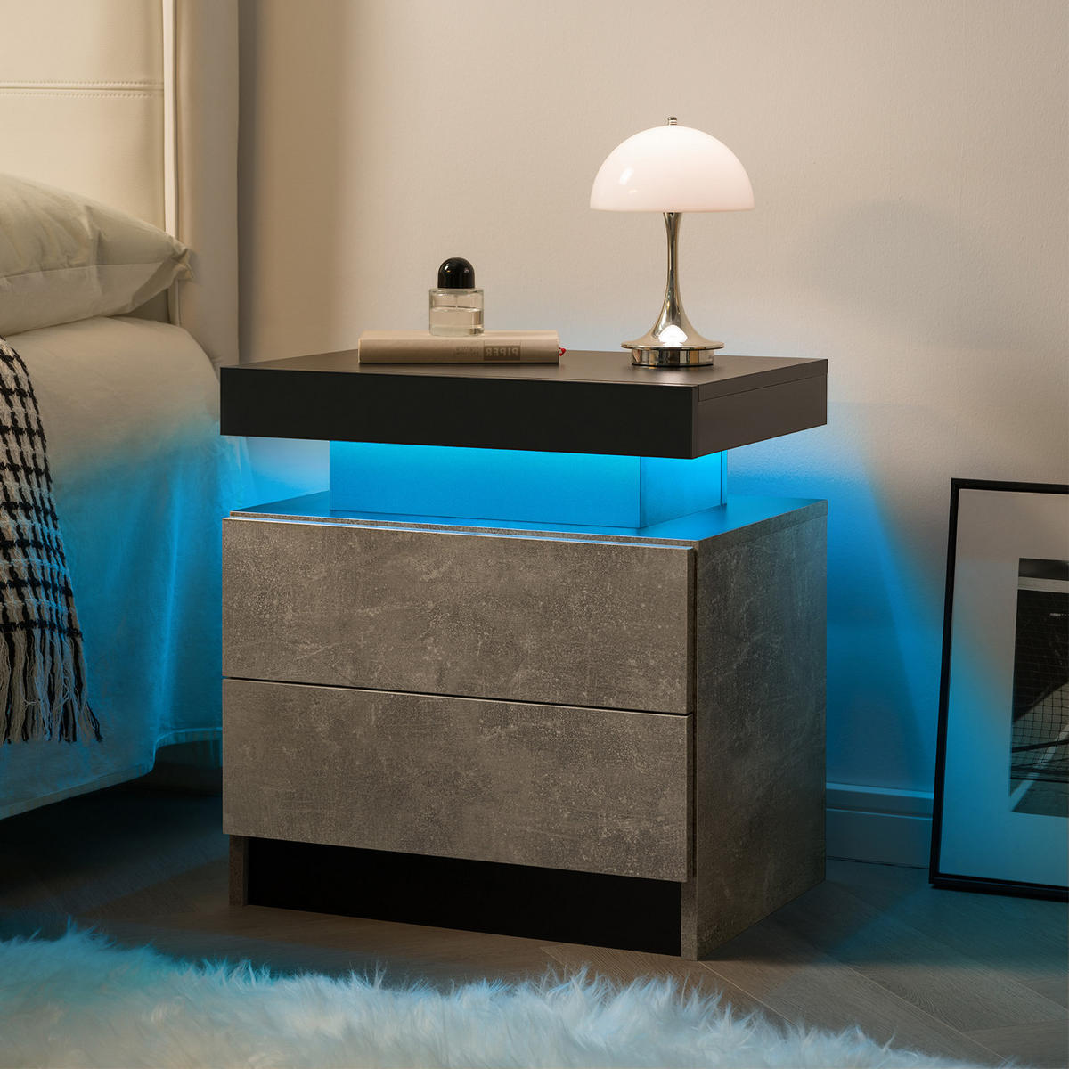 NACHTTISCH 50/53/36 cm mit LED-Beleuchtung, 2 Schubladen & offenem Fach in Grau - Grau, Holzwerkstoff (53/36/50cm) - BEAOK
