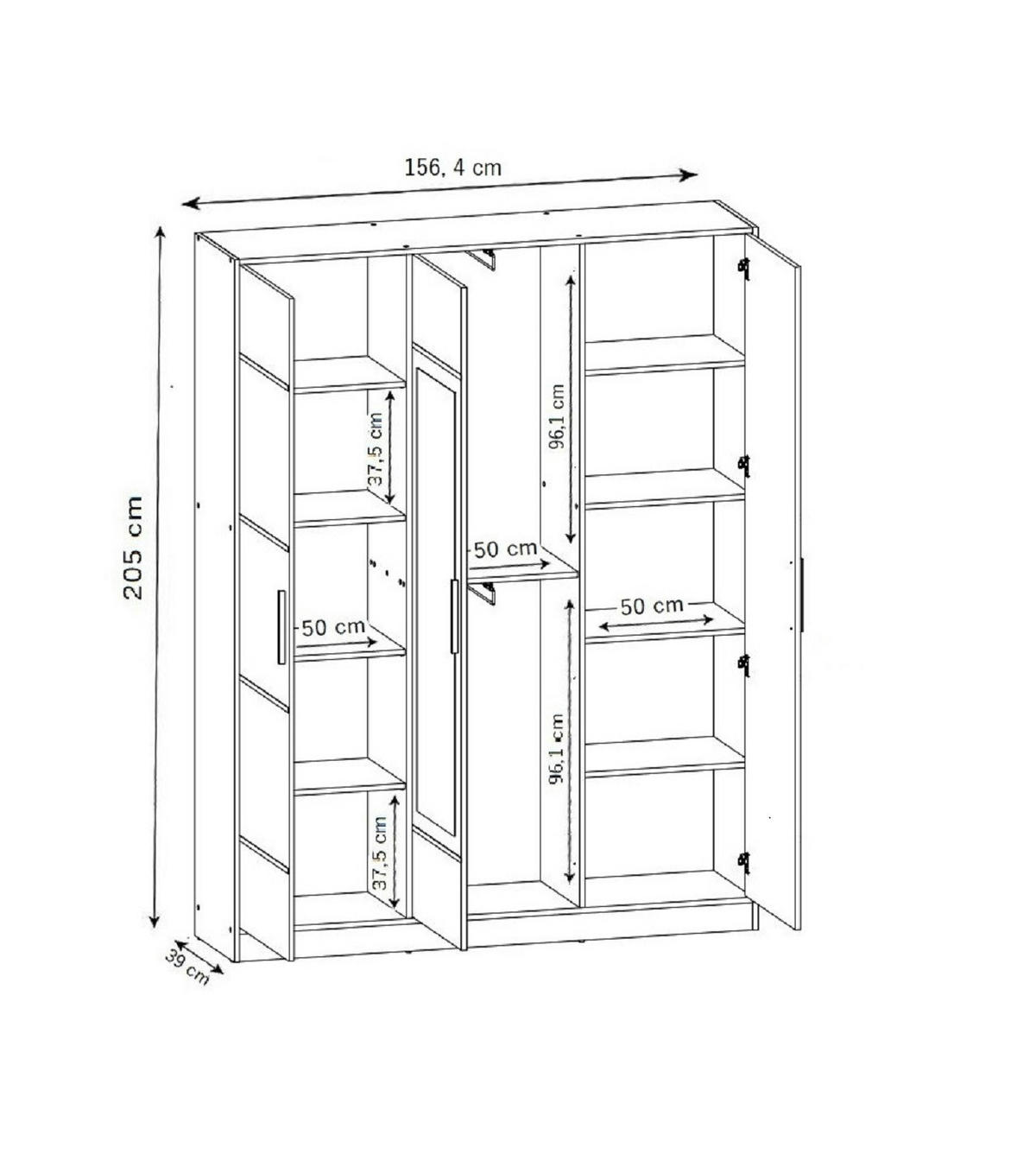 KLEIDERSCHRANK EDEN 3-Türen v2 - 156,4x205x39 cm - Weiß - Weiß, Holzwerkstoff (156.4/205/39cm) - Kier Furniture