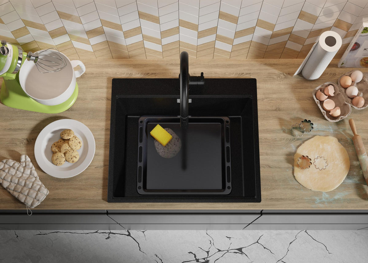 SPÜLBECKEN Oslo, 2-er set Alles Schwarz 58/50 cm 1 Becken + Ablauf-Set + Schneidebrett ab 60er Unterschrank - Schwarz, Kunststoff (58/20/50cm) - Primagran