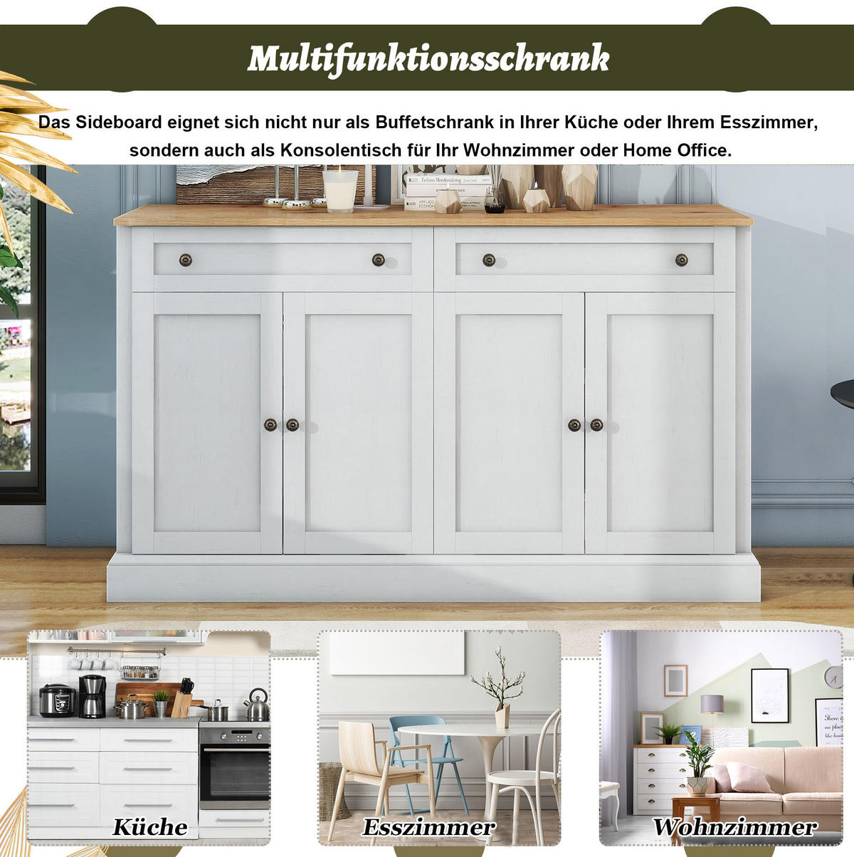 SIDEBOARD 150/40/86 cm mit 4 Türen & 2 Schubladen in Weiß/Natur - Naturfarben, Holzwerkstoff (150/86/40cm) - BEAOK