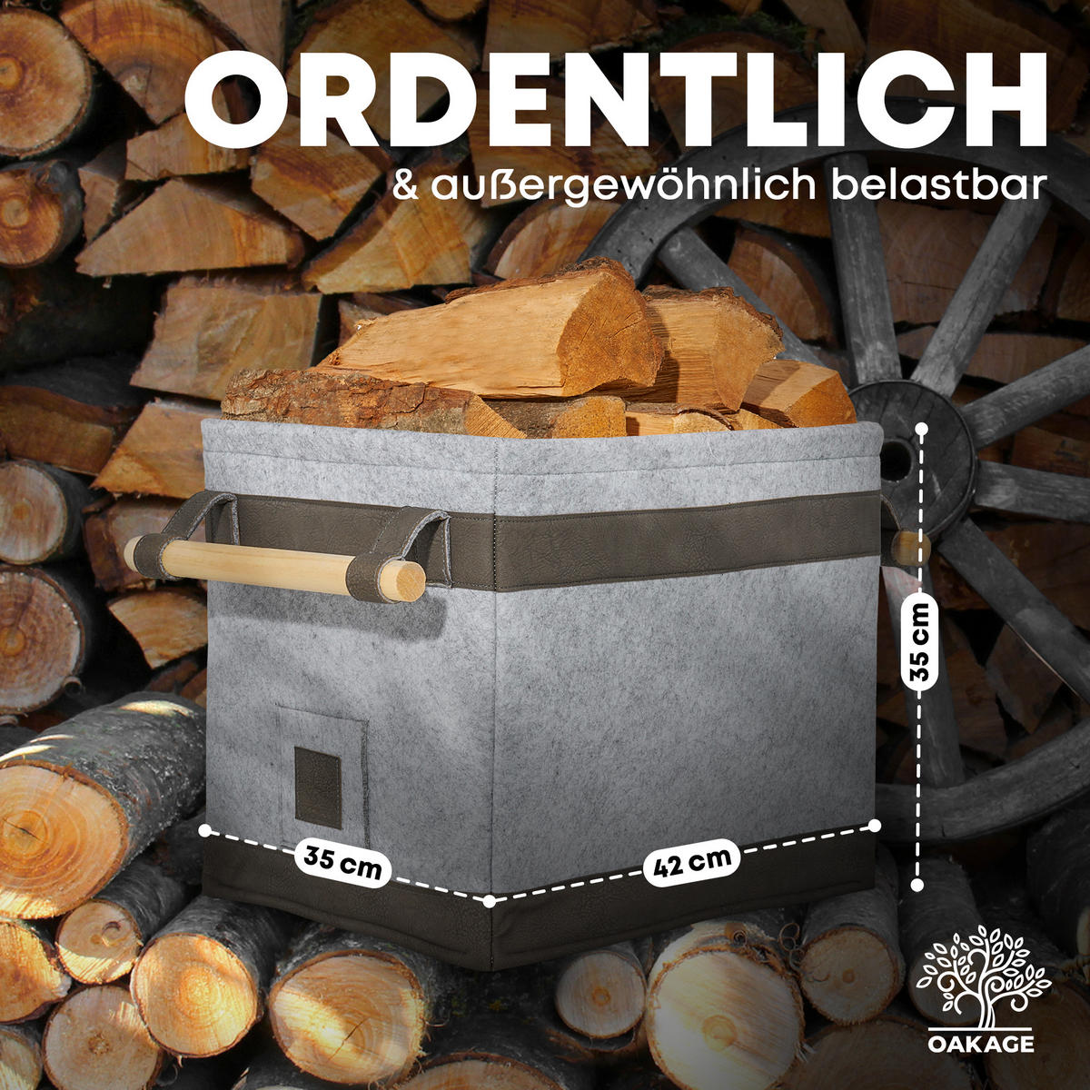 KAMINHOLZKORB FireMaster Filz mit schmutz- und wasserabweisendem Innenlayer und Lederboden 42/32/35 cm - Grau, Textil (32/35/42cm) - OAKAGE