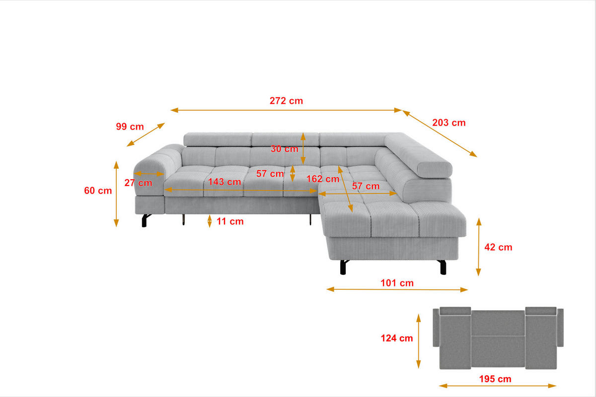 ECKSOFA mit Schlaffunktion Ottomane Rechts LUMA-L 272x203x70 Grau Cord - Schwarz/Grau, Holzwerkstoff/Kunststoff (203/272cm) - ALTDECOR