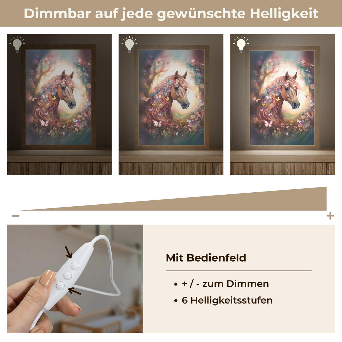 NACHTTISCHLAMPE Pferd - Natur - Blumen - Schmetterlinge - Wald 20x30 cm - Dunkelbraun, Holzwerkstoff (8/20/30cm)