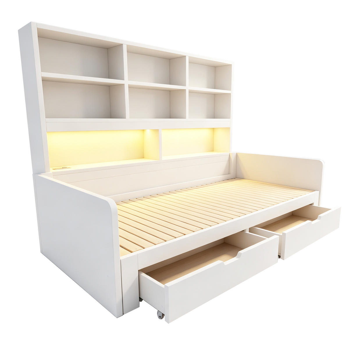 AUSZIEHBETT 90/180/200 cm mit Stauraum und LED, DE-41639, in Weiß - Weiß, Holzwerkstoff (90/200cm) - ComfortXL
