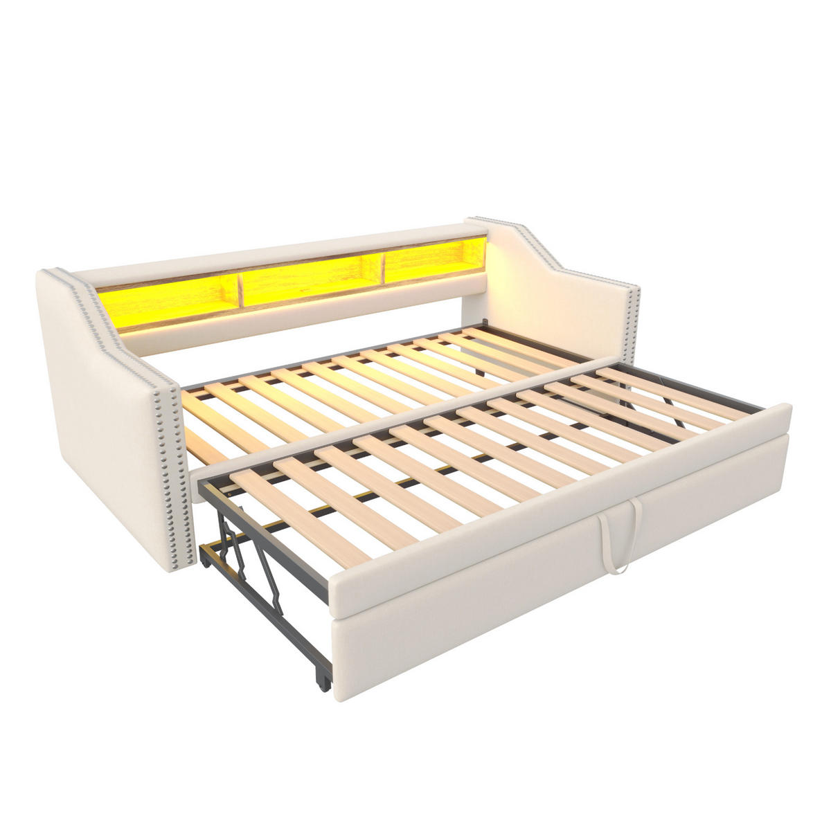 BETT aus Leinen 90/180x190 cm Beige mit Ausziehbett, LED-Beleuchtung, USB-Anschluss und Ablagefächern - Beige, Textil (140/200cm) - Modfu