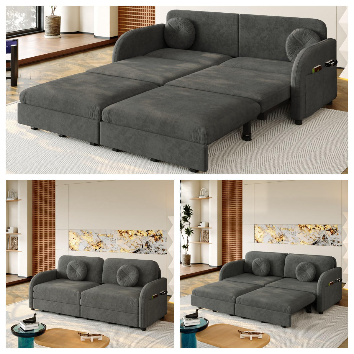SCHLAFSOFA 166/84/90 cm Grau Chenille mit losen Kissen und Stautaschen an beiden Seiten - Grau, Textil (84/90/166cm) - Oxeza