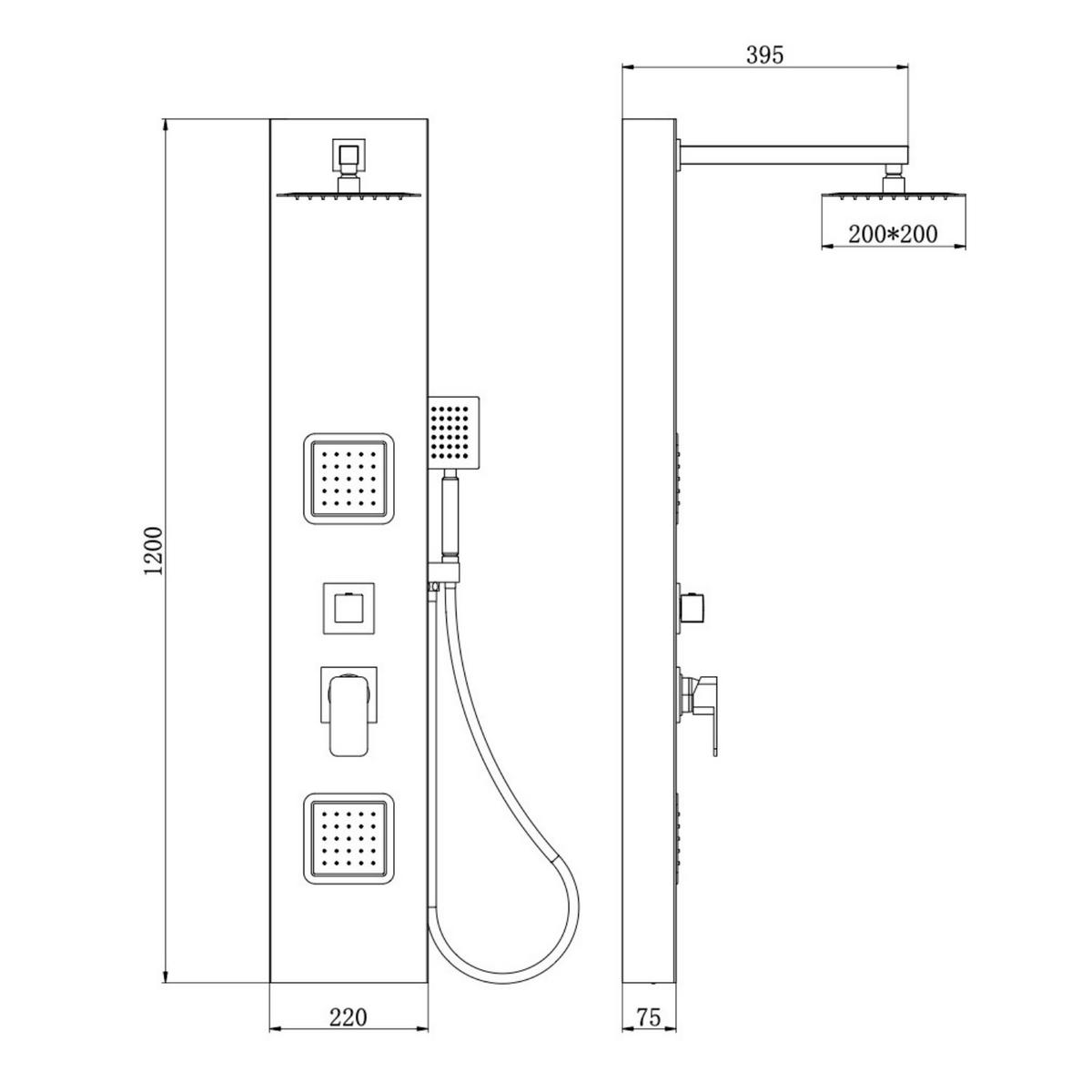 DUSCHPANEEL Hudson mit Mischbatterie Schwarz PVC – 120 x 20 cm - Schwarz, Holz (20/120/7cm) - Badplaats