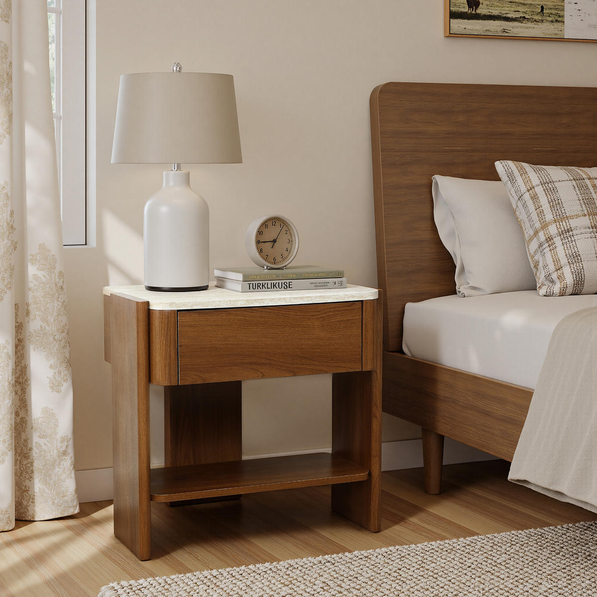 NACHTTISCH Modern mit Marmoroptik, Braun, MDF | B55 x T40 x H53 cm - Braun, Holz (55/53/40cm) - Hometopia