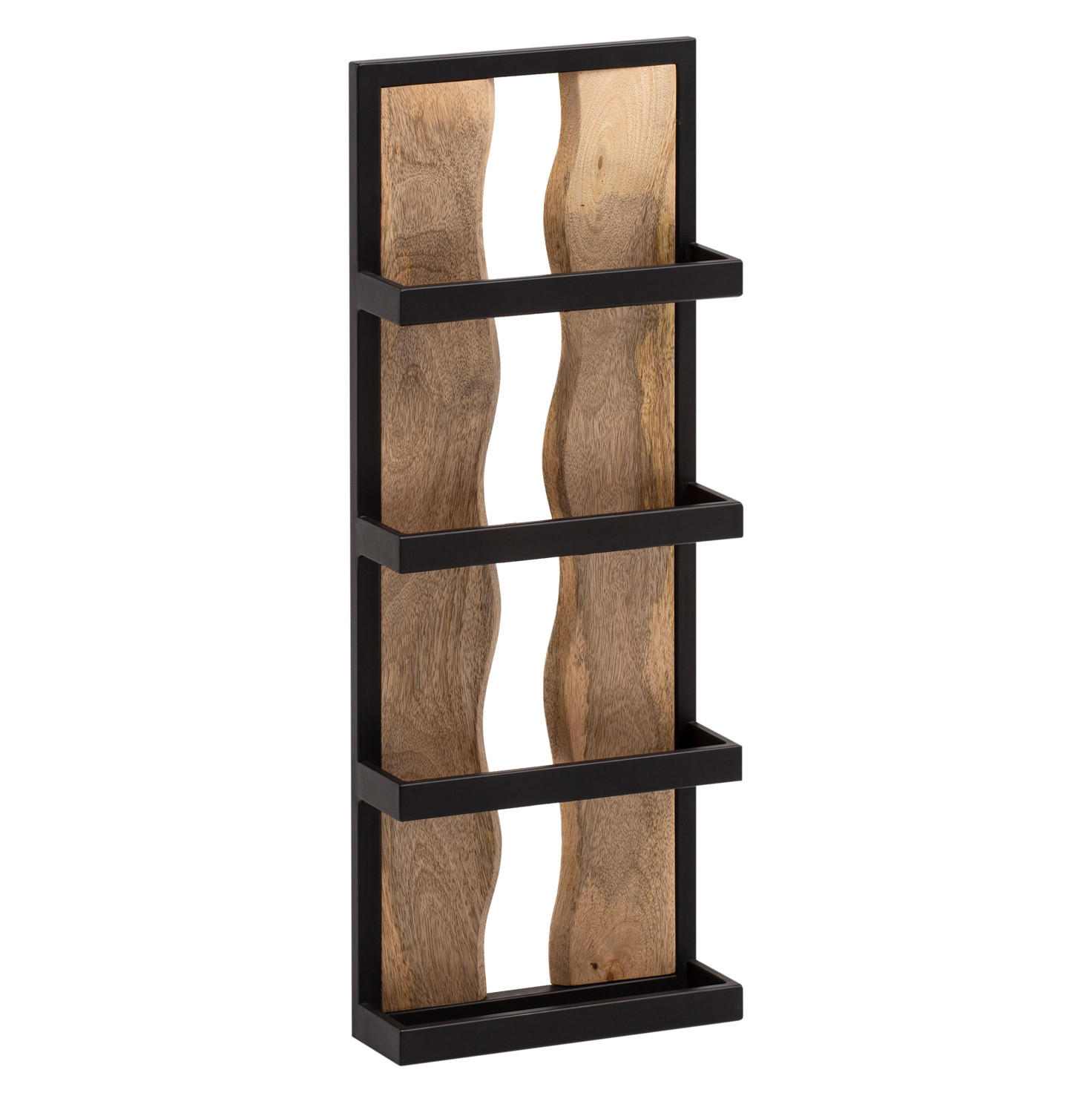 WANDREGAL Mango Massivholz Metall Industrial Stil 30x80x10 cm Rechteckig mit 4 Ablagen und Wellenmuster - Braun, Holz (80/30/10cm) - KADIMA DESIGN