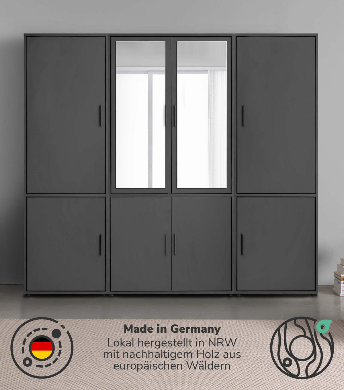 KLEIDERSCHRANK mit Spiegel Der Grenzenlose - Anthrazit, Holzwerkstoff (210/187/58cm) - Mokebo