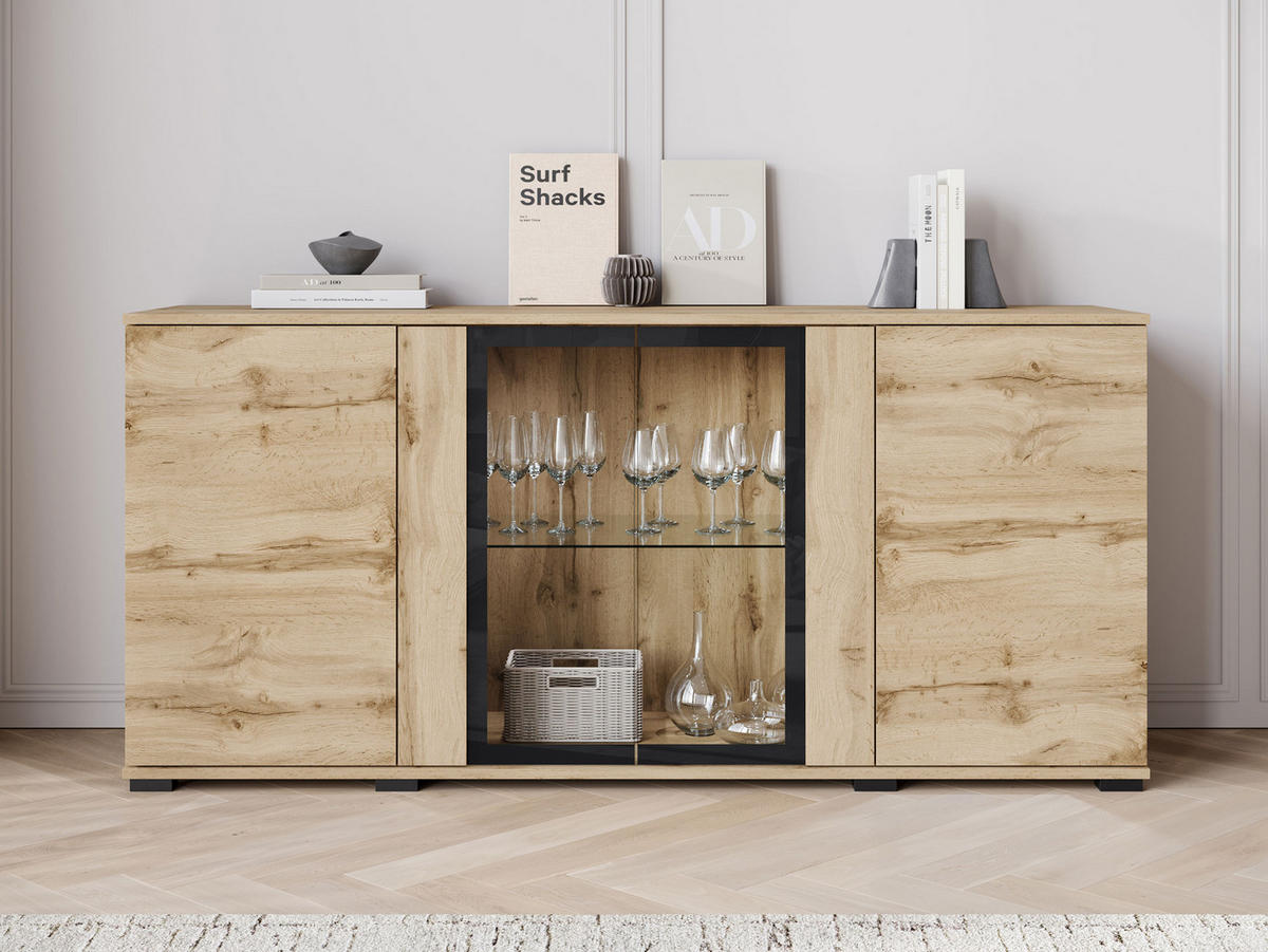 KOMMODE Caro SB 154 4D mit weißer LED Beleuchtung - Eiche Wotan/Schwarz, Holzwerkstoff/Kunststoff (150/70/40cm) - MIRJAN24