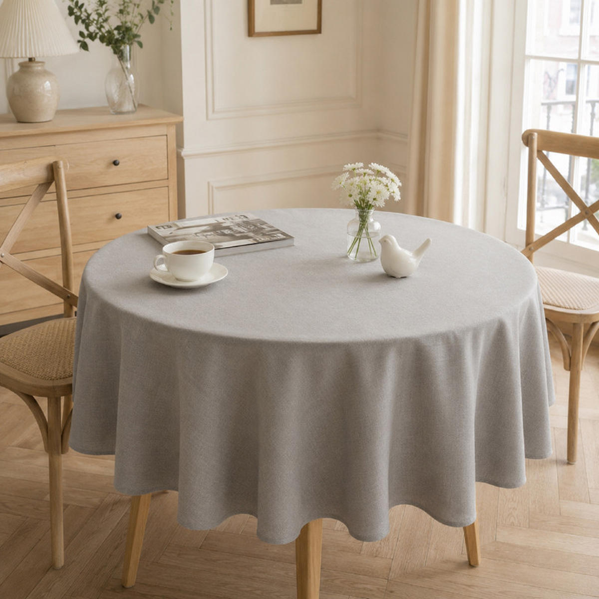 TISCHDECKE rund Ø160cm Hellgrau Leinenoptik, wasserabweisend & waschbar - Hellgrau, Textil (160/160cm) - SHOPENTRA