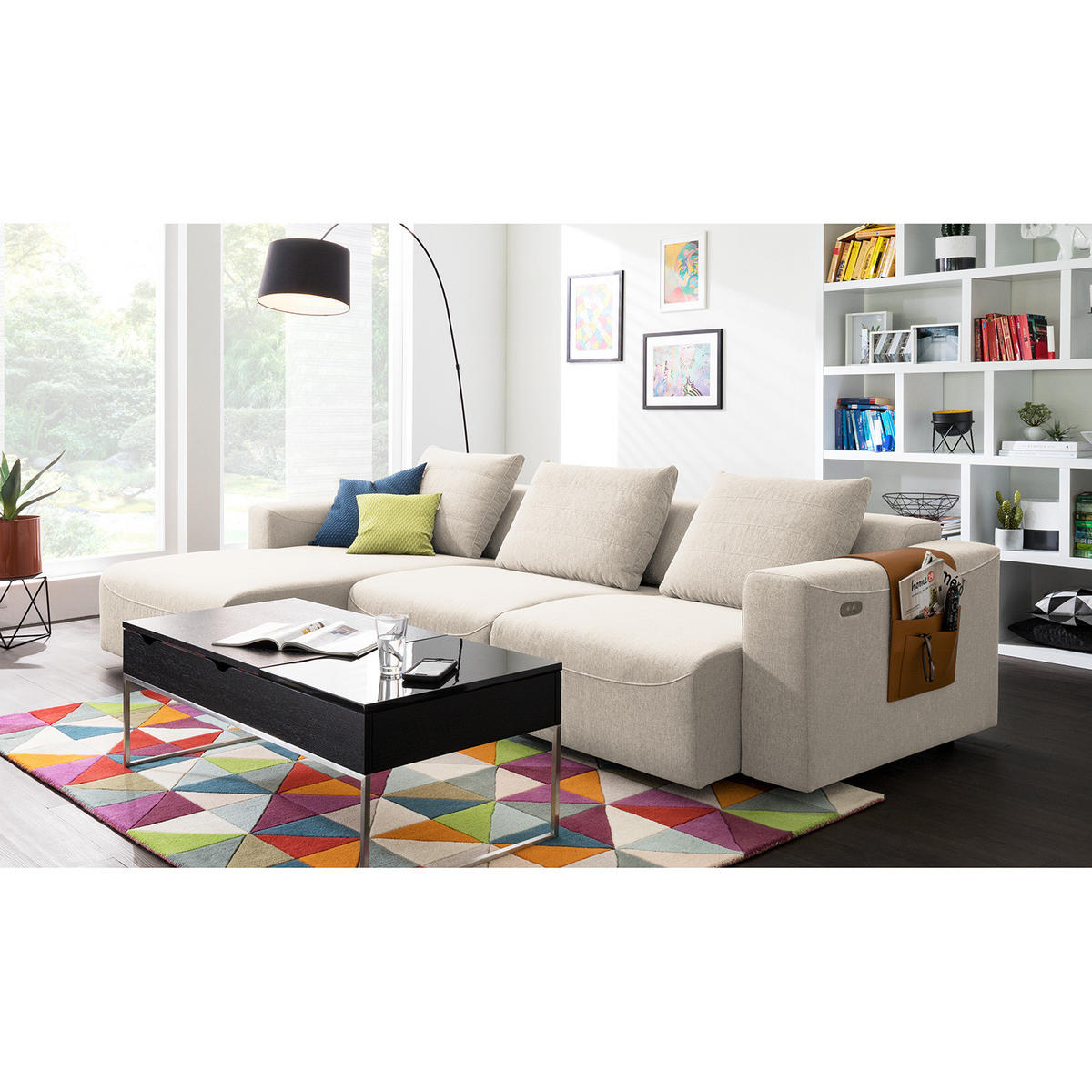 2,5-SITZER ECKSOFA mit Longchair - Webstoff - Beige/Schwarz, Kunststoff/Textil (286/170cm) - home24