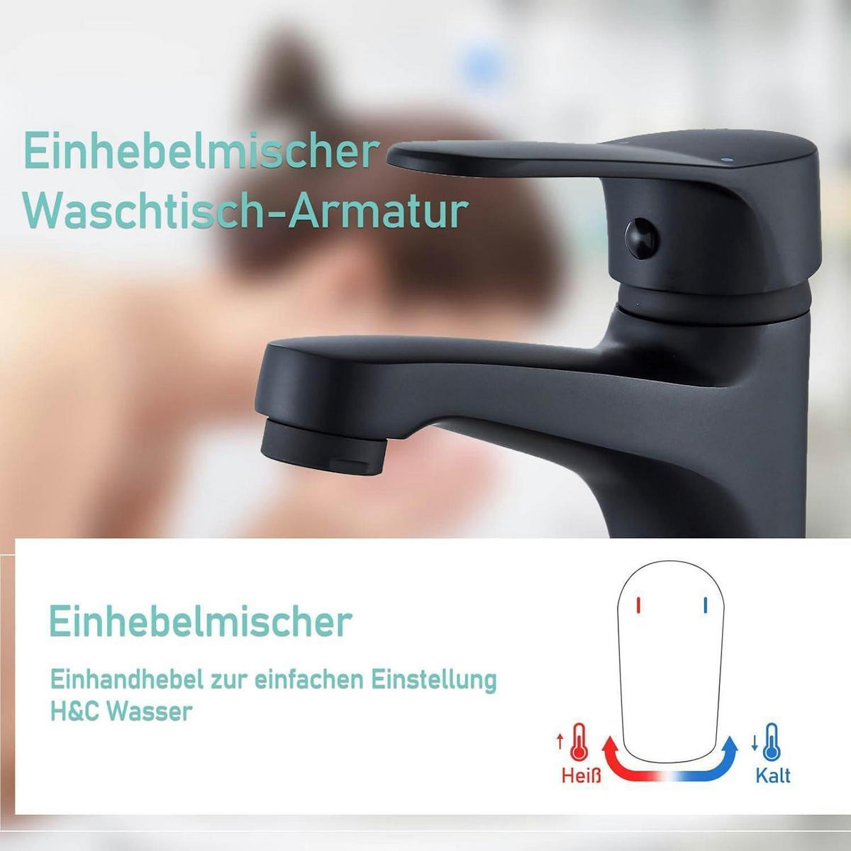WASCHTISCHARMATUR Niederdruck Schwarz Messing mit Wassersparfunktion - Schwarz, Metall (19/7/25cm)
