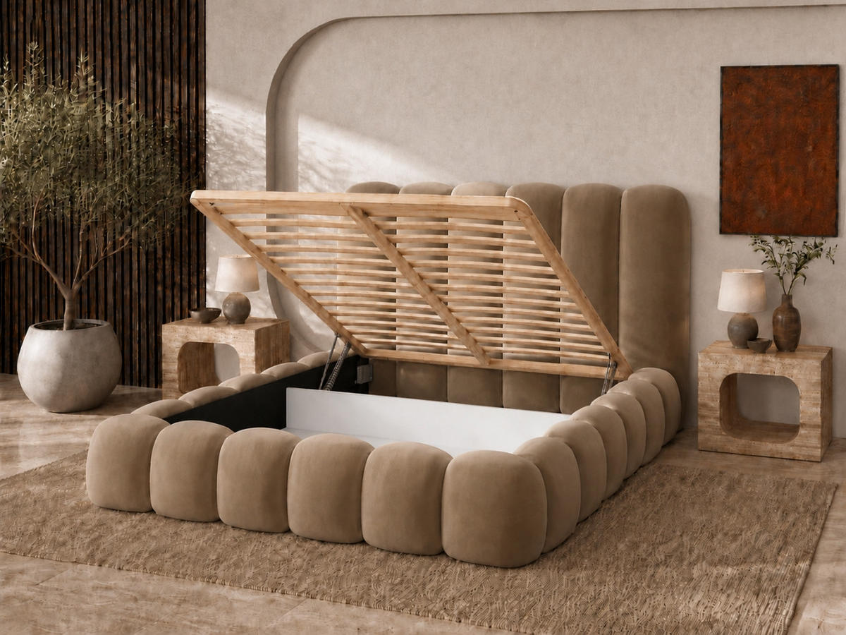 POLSTERBETT MELLOW 200x200 cm in Braun, gepolstertes Kopfteil, Lattenrost, Bettkasten, Velvet-Stoff - Braun, Holz/Textil (200/200cm) - EMLAR Home