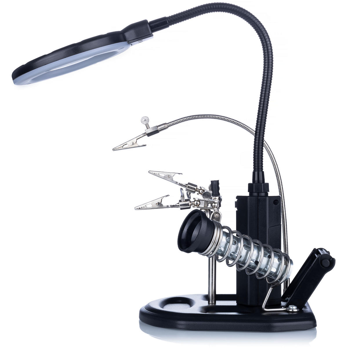HALTER TE-802 - Dritte Hand mit Lupe, Lötkolbenhalter, Lötzinnbehälter, LED dimmbar, Ø85 mm, 2,5x/4x, USB/4x AA - Multicolor, Kunststoff/Metall (18/20/19cm)