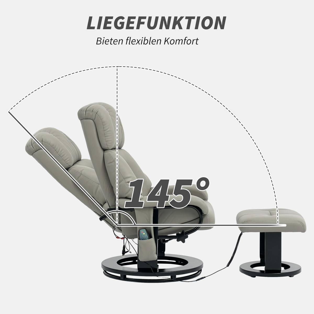 RELAXSESSEL mit Fußhocker, Massagesessel mit Liegefunktion Fernbedienung Grau - Schwarz/Grau, Kunststoff/Metall (80/102/76cm) - HOMCOM