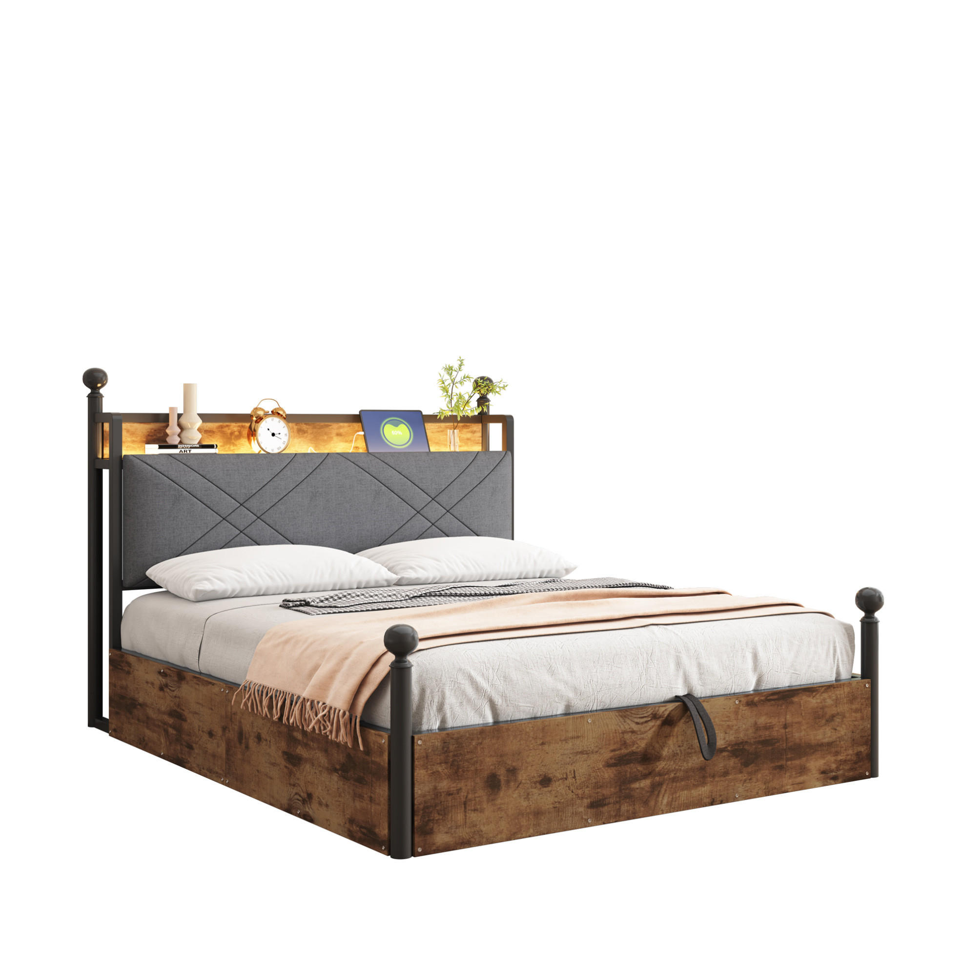 METALLBETT 140/190 cm in Schwarz mit Stauraum, LED-Beleuchtung und USB-/Type-C - Schwarz, Metall (140/190cm) - Flora Grace