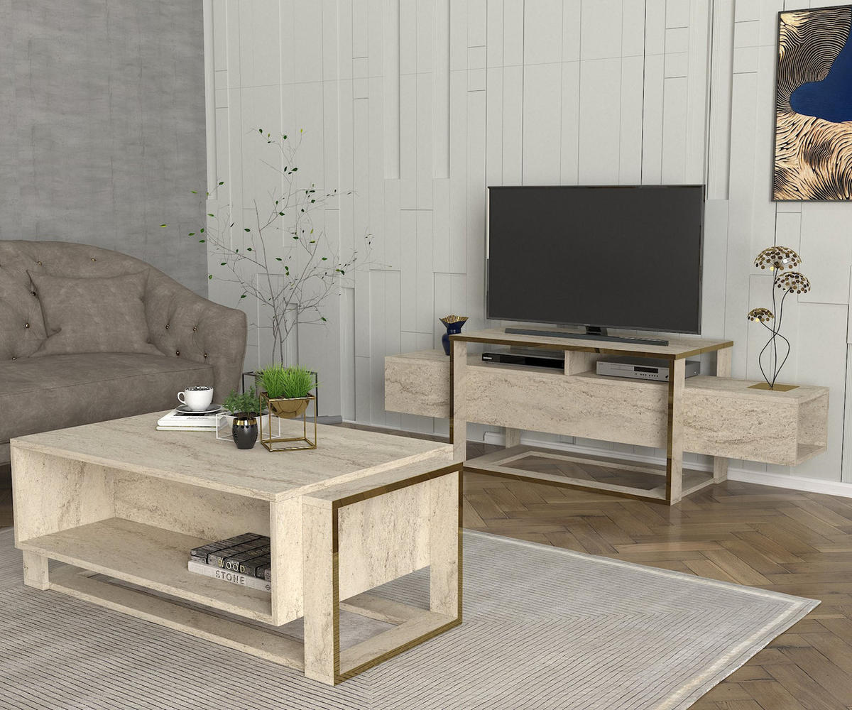 COUCHTISCH Bianco Beige Granit Optik - Beige/Goldfarben, Holzwerkstoff (60/107/41cm) - moebel17