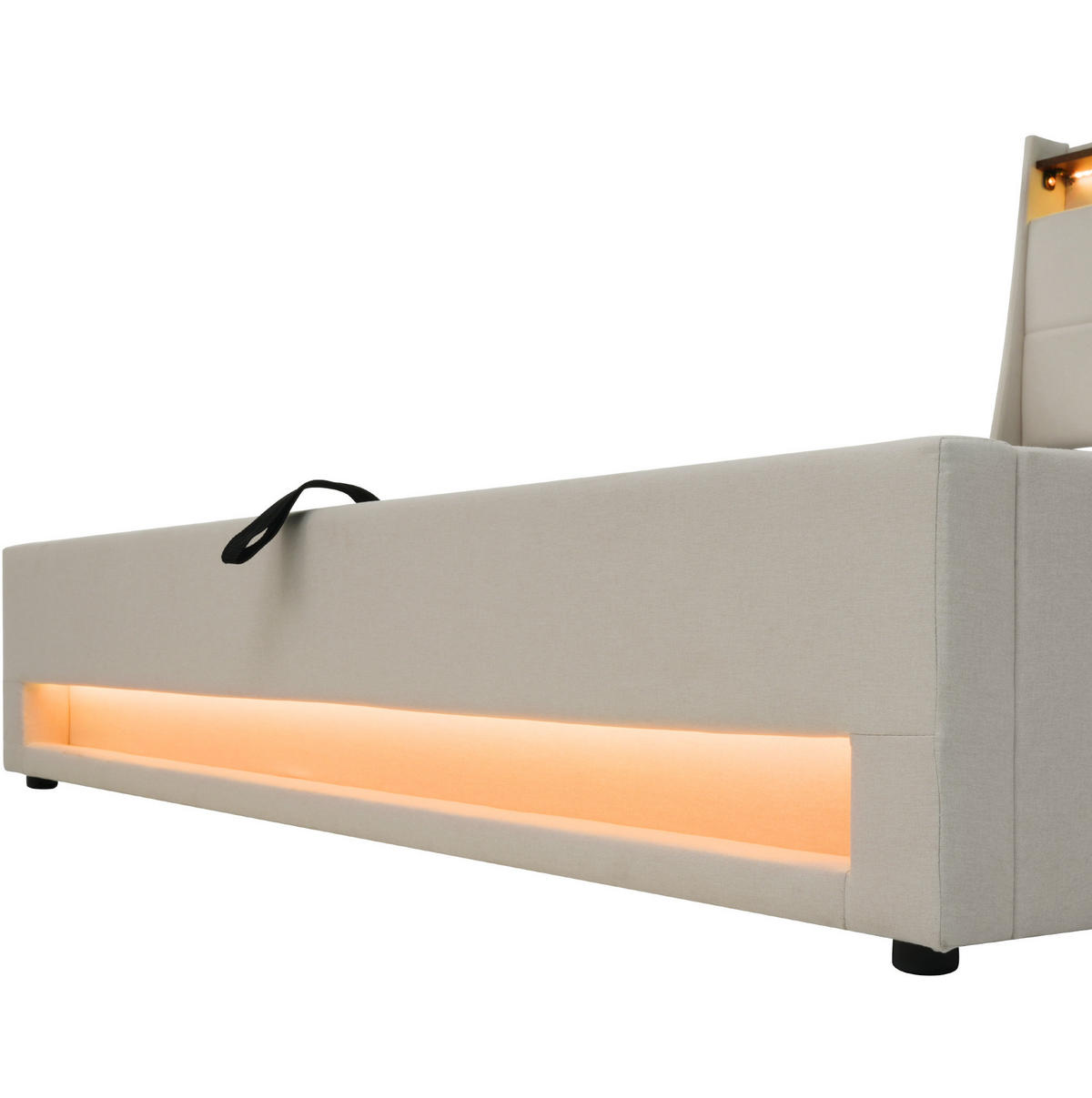 POLSTERBETT 90/200 cm Beige aus Leinen mit LED, USB und Bettkasten - Beige, Textil (90/200cm) - OKMYHOME