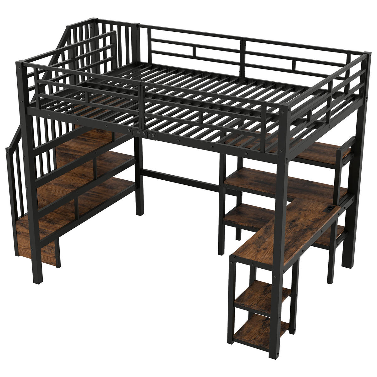 HOCHBETT 140/200 cm schwarz aus Metall und MDF mit Schreibtisch, Treppe und LED - Schwarz, Metall (140/200cm) - OKWISH