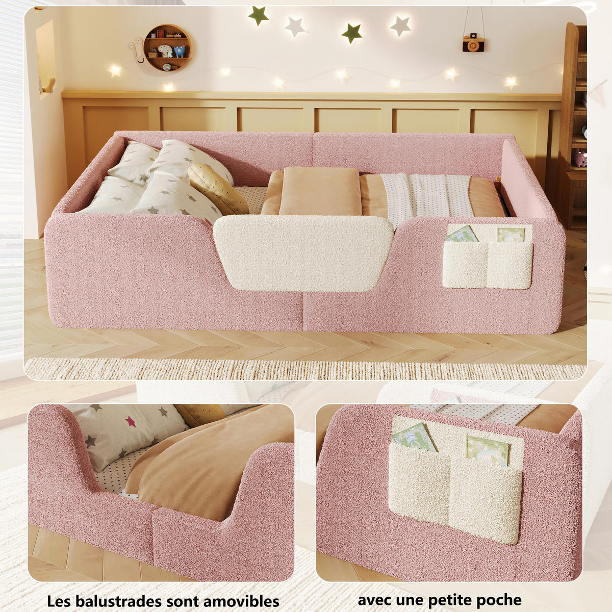 POLSTERBETT 140/190 cm Rosa aus Samt mit abnehmbaren Seitengittern - Rosa, Textil (140/190cm) - OKMYHOME