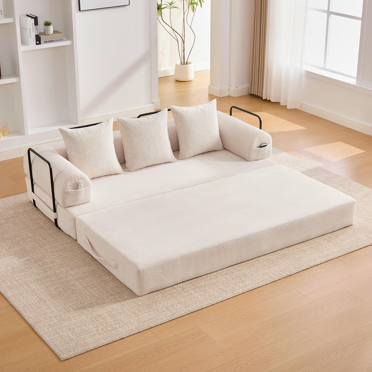 SCHLAFSOFA 200/94/67 cm Beige mit Seitentaschen plus und 3 Kissen - Beige, Textil (200/67/94cm) - Oxeza