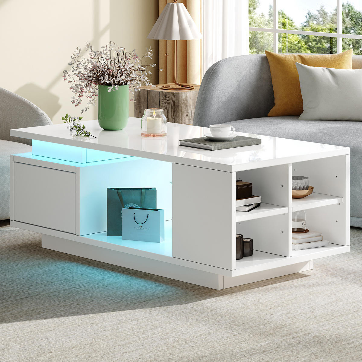 COUCHTISCH 100/50/36 cm Weiß mit LED-Beleuchtung und Schublade aus Spanplatte Hochglanz - Weiß, Holzwerkstoff (100/50/36cm) - OKWISH