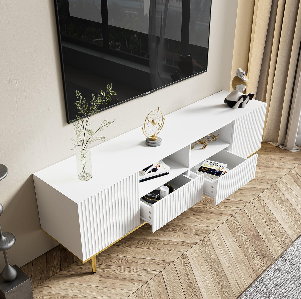 TV-LOWBOARD aus Spanplatte 165x36x55 cm Schwarz-Gold mit 2 Schubladen und 2 Fächern - Weiß, Holzwerkstoff (165/55/36cm) - IVMEU