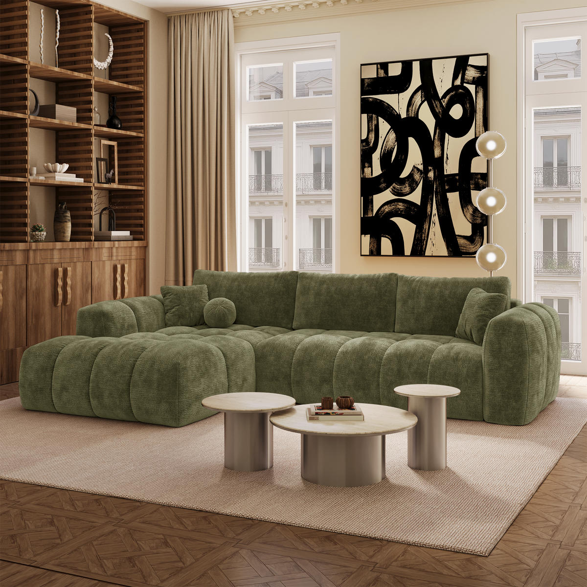 LINKSECK-SCHLAFSOFA mit Stauraum SKY Geprägter Samt Vintage-Grün 310cm - Dunkelgrün/Grün, Textil (310/180cm) - Premium Interiors