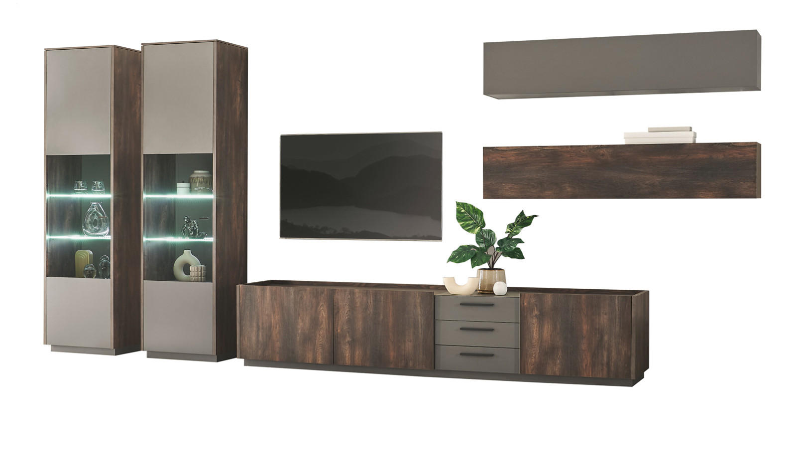 WOHNWAND Thermo Eiche, grau, Set 5-teilig mit XXL TV-Lowboard und Soft-Close - Eichefarben/Grau, Holzwerkstoff/Metall (466/200/45cm) - Furn.Design