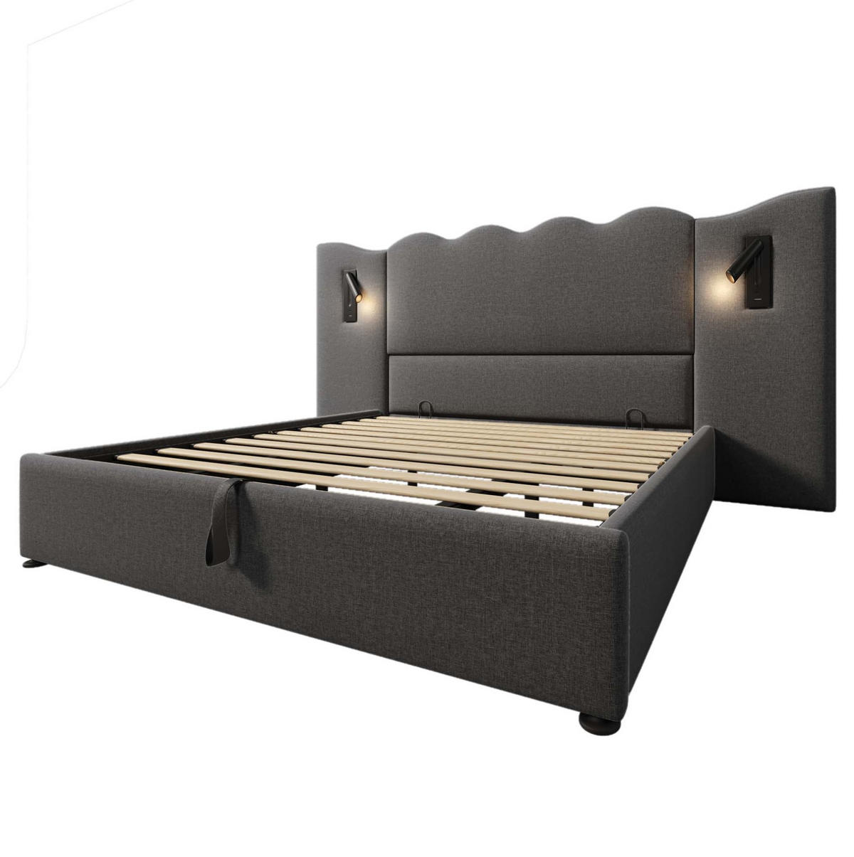 POLSTERBETT aus Leinen 180x200 cm Grau mit Bettkasten, Leselampe sowie USB- und USB-C-Anschlüssen - Grau, Textil (180/200cm) - IVMEU