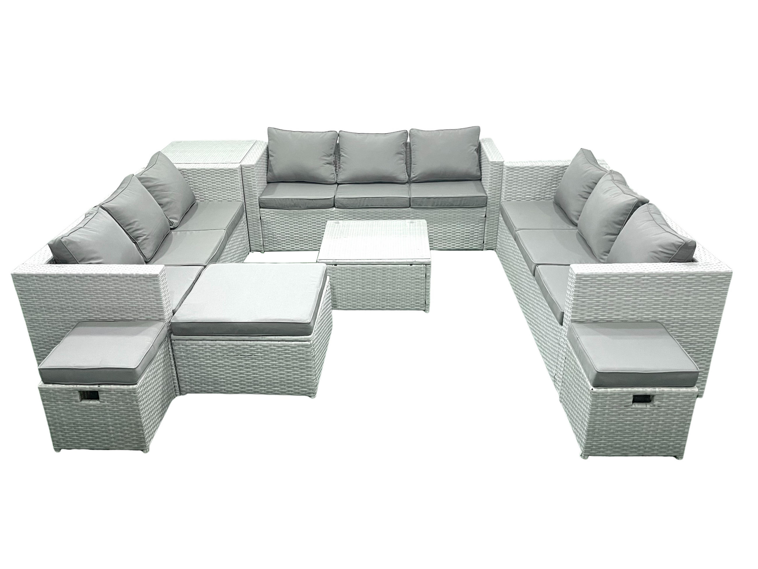 GARTENMÖBELSET mit 3-SITZER SOFA,COUCHTISCH Polyrattan Hellgrau-Mix 12-Sitzer - Hellgrau/Grau, Glas/Kunststoff - Fimous