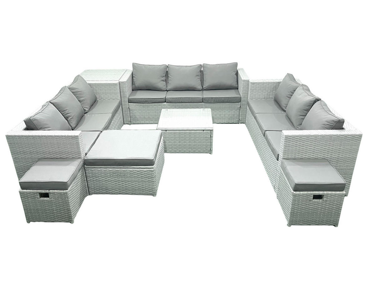 GARTENMÖBELSET mit 3-SITZER SOFA,COUCHTISCH Polyrattan Hellgrau-Mix 12-Sitzer - Hellgrau/Grau, Glas/Kunststoff - Fimous