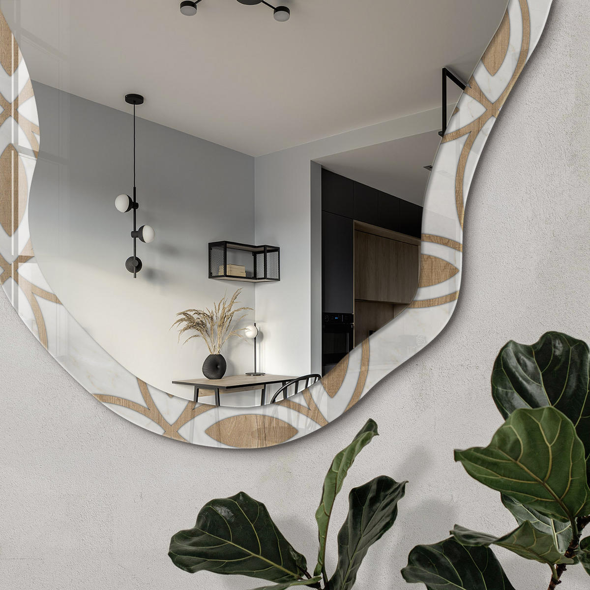 SPIEGEL 90x45 cm asymmetrisch mit Druck - Geometrisches Muster - Transparent, Glas (45/90/0.4cm) - TULUP