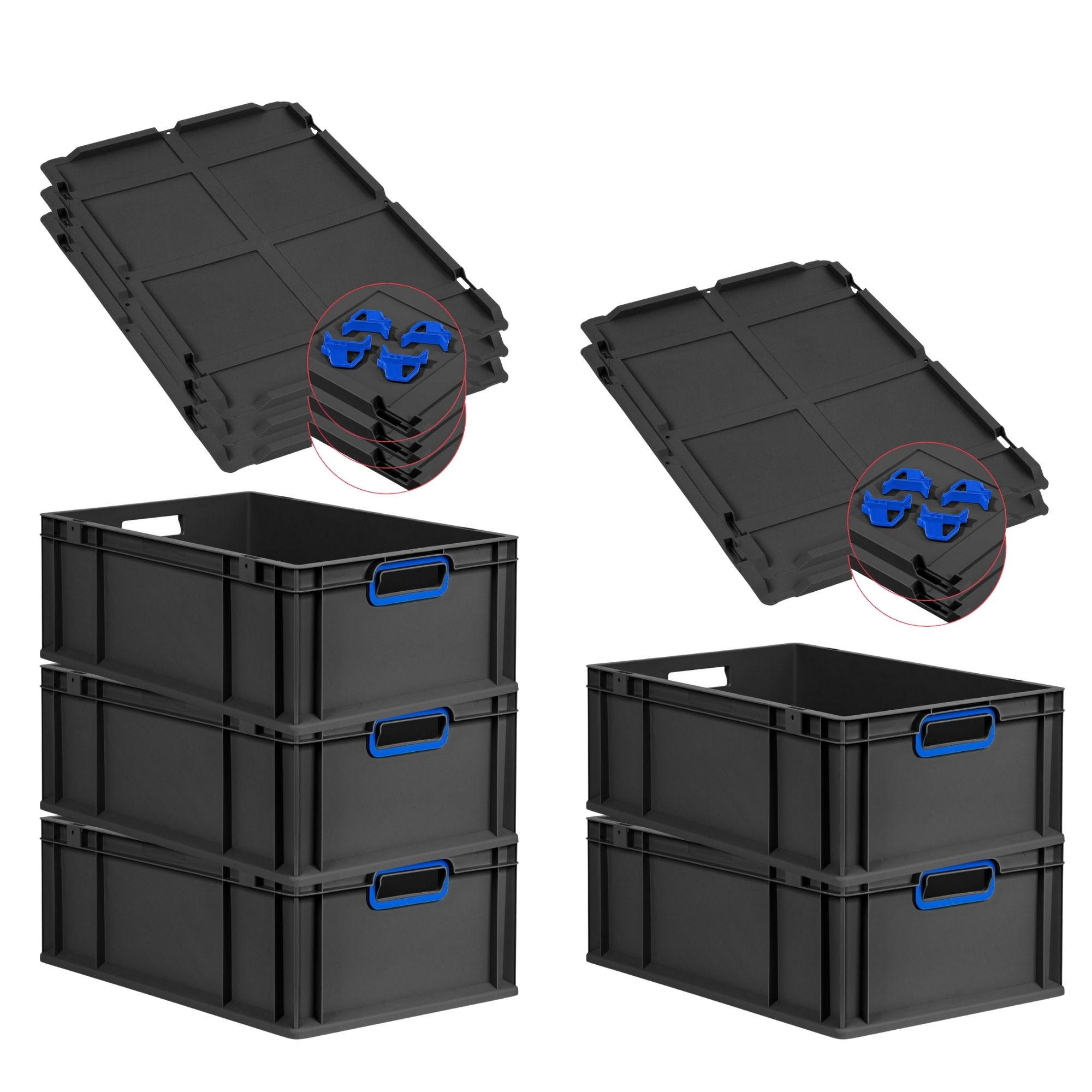 EUROBOX 5x NextGen Color mit Auflagedeckel 22x40x60 cm 44 Liter Schwarz Griffe blau offen - Blau/Schwarz, Kunststoff (40/22/60cm) - PROREGAL