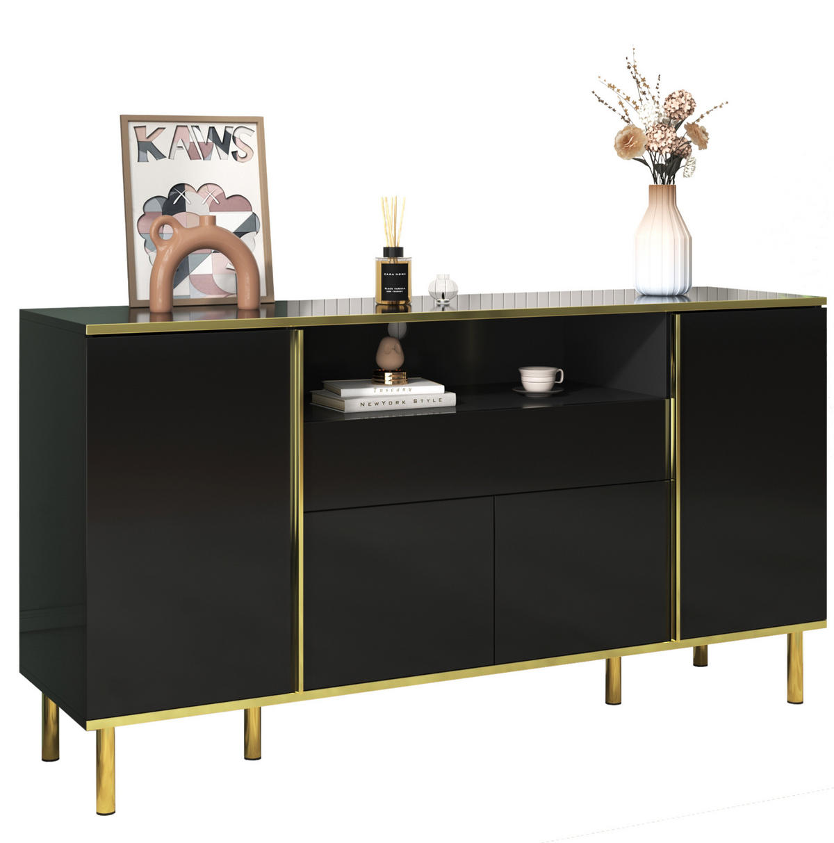 SIDEBOARD 150/40/80 cm z MDF a dřevotřísky černý vysoký lesk s LED osvětlením - černá, kompozitní dřevo (150/80/40cm) - Modenvie