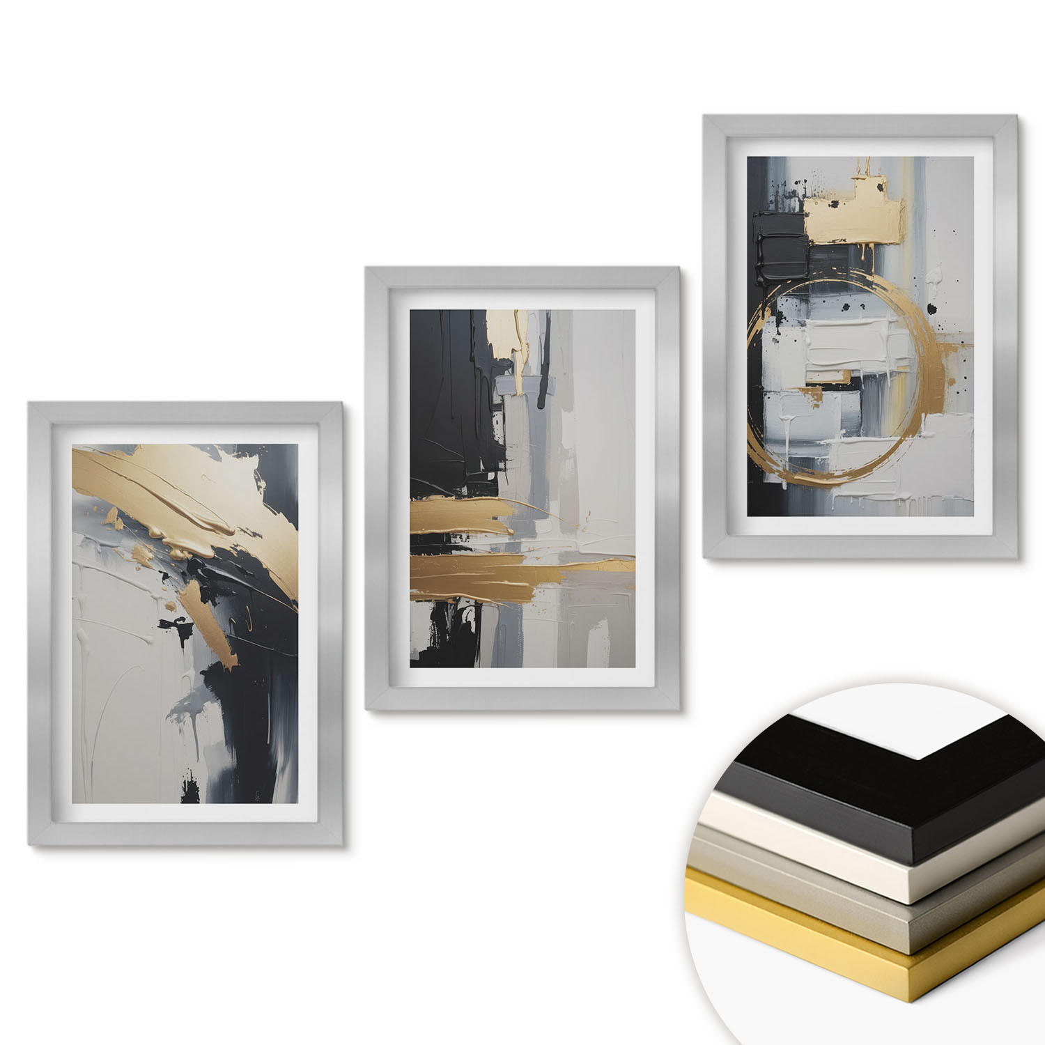 WANDBILDER 3er Set - 20x30 cm Silberner Rahmen - Abstrakte Schwarz-Weiß-Malerei - Silberfarben, Kunststoff (20/30cm) - ArtPrintCave
